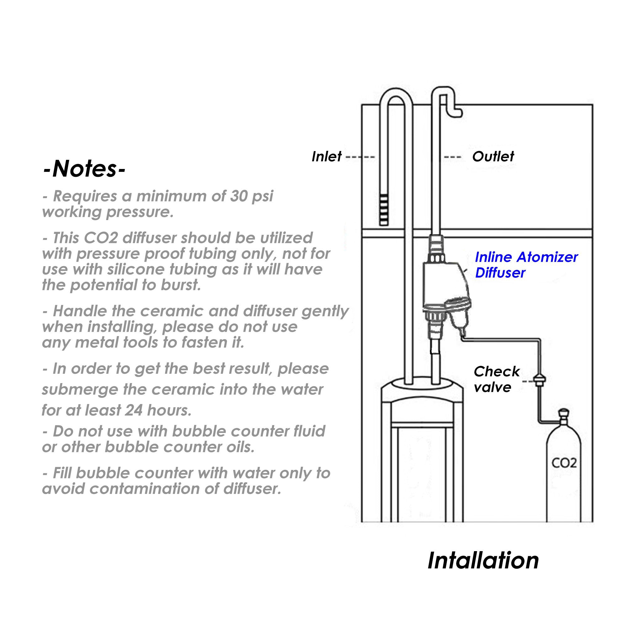 Inline Plastic CO2 Atomizer Diffuser for Planted AquariumTanks